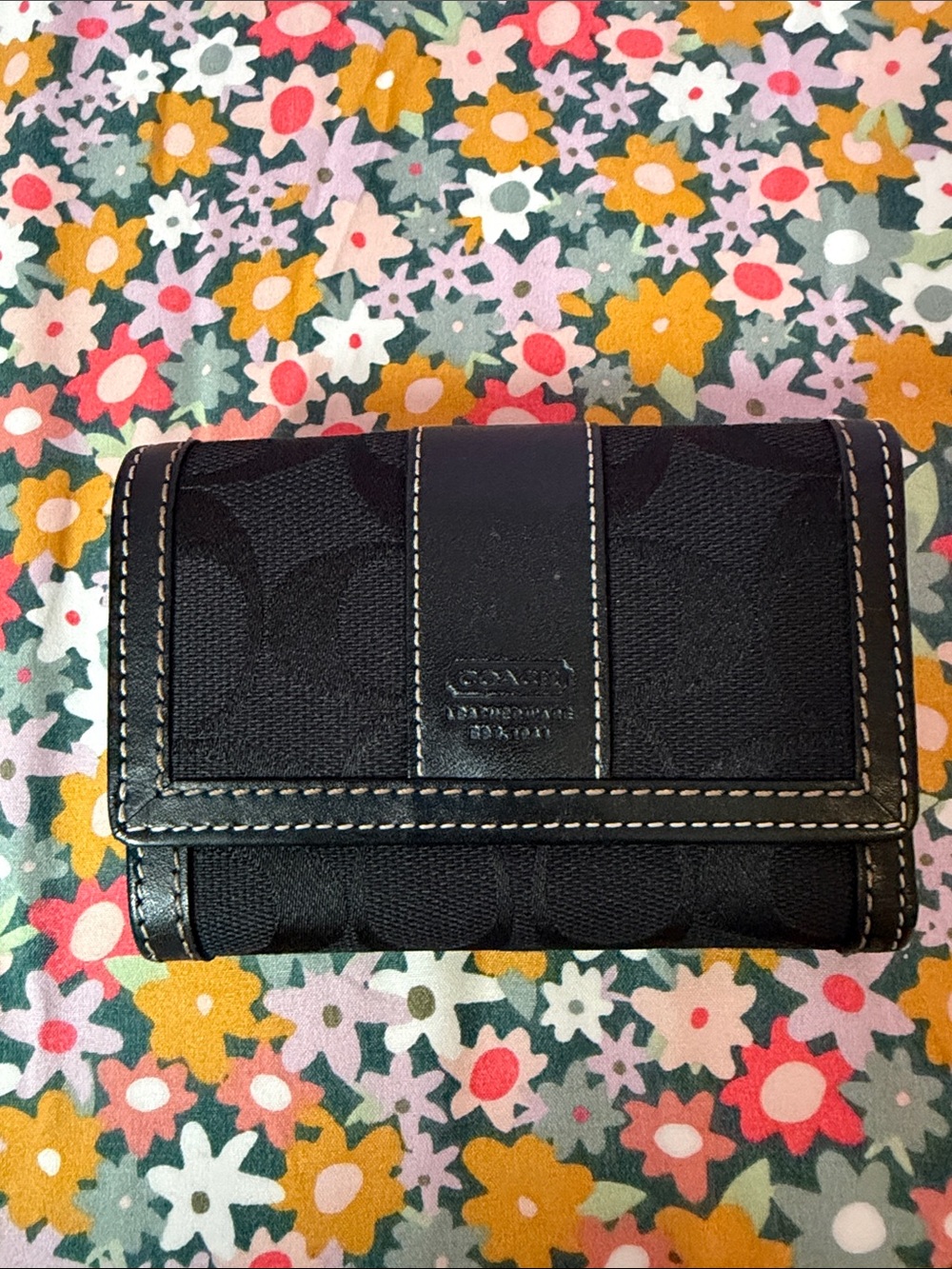 Coach Black Signature Compact Trifold Wallet